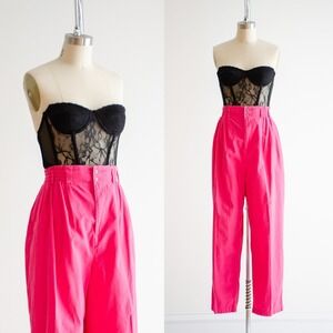 high waisted pants 80s 90s plus size vintage hot pink pleated cotton trousers